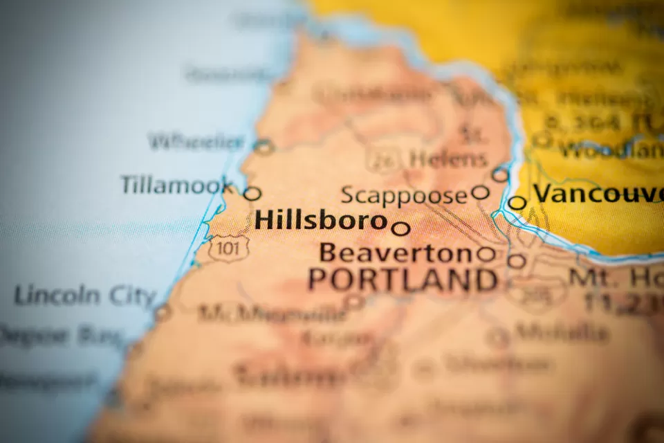 A map of the northwest corner of Oregon, focusing on the city of Hillsboro.